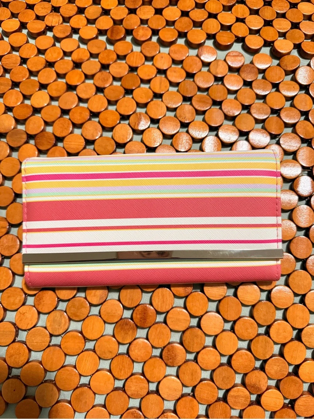 Striped Pink & Cream Card Holder Wallet with Gold Accent